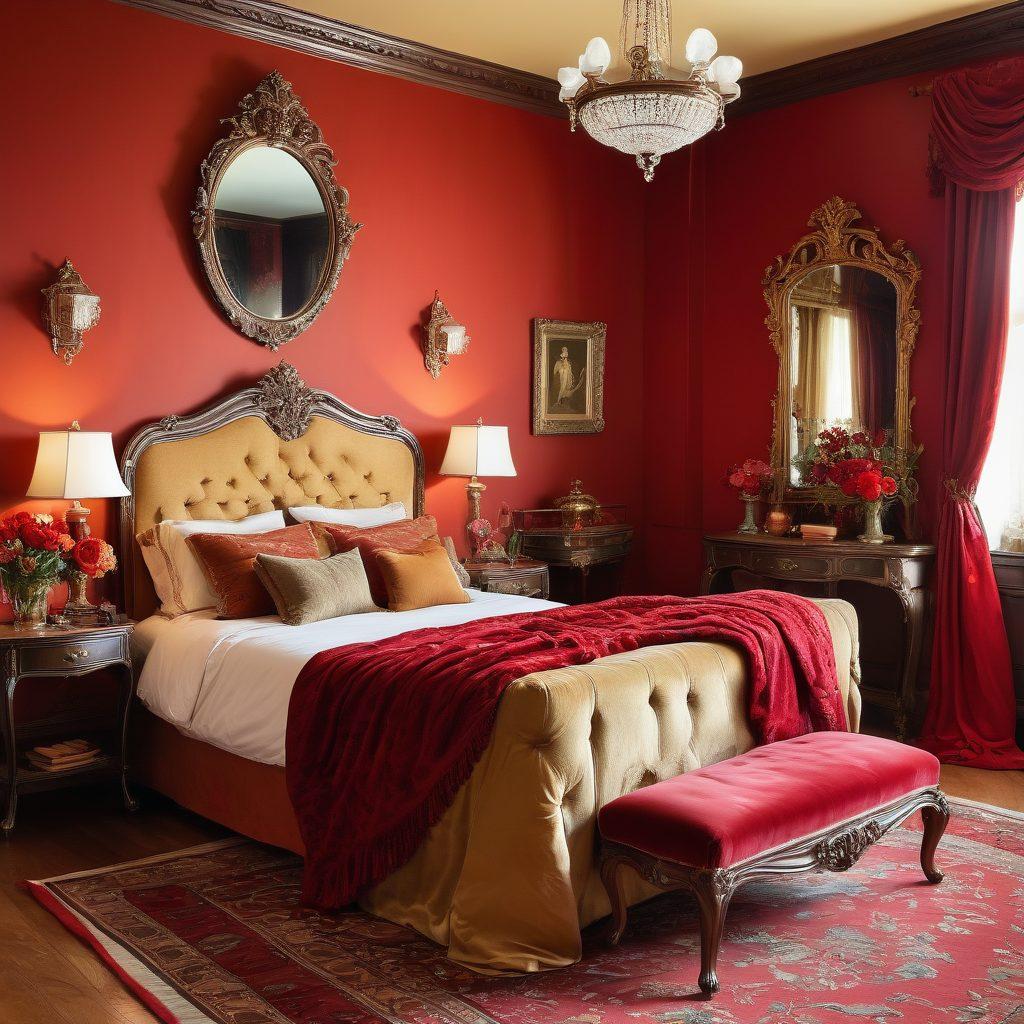 A beautifully adorned vintage bedroom filled with rich fabrics and warm, ambient lighting, featuring a lover's embrace and soft, passionate gestures. Include ornate details like a gilded mirror and elegant floral arrangements to evoke a sense of romance and nostalgia. The color palette should be deep reds and golds to enhance the sensual atmosphere. art nouveau style. vibrant colors.