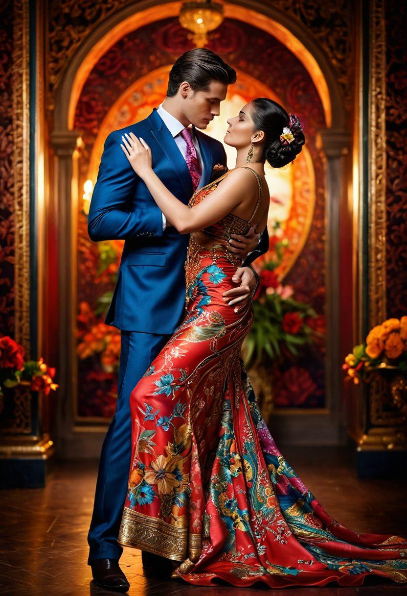 A sensual, elegant couple intertwined in a dance, showcasing the beauty of their curves with vibrant exotic patterns adorning their clothing. In the background, soft, ambient lighting accentuates their intimacy, while ornate elements symbolize romance and eroticism. The setting is lush and enchanting, filled with rich flowers and fabrics. super-realistic. vibrant colors. soft-focus.